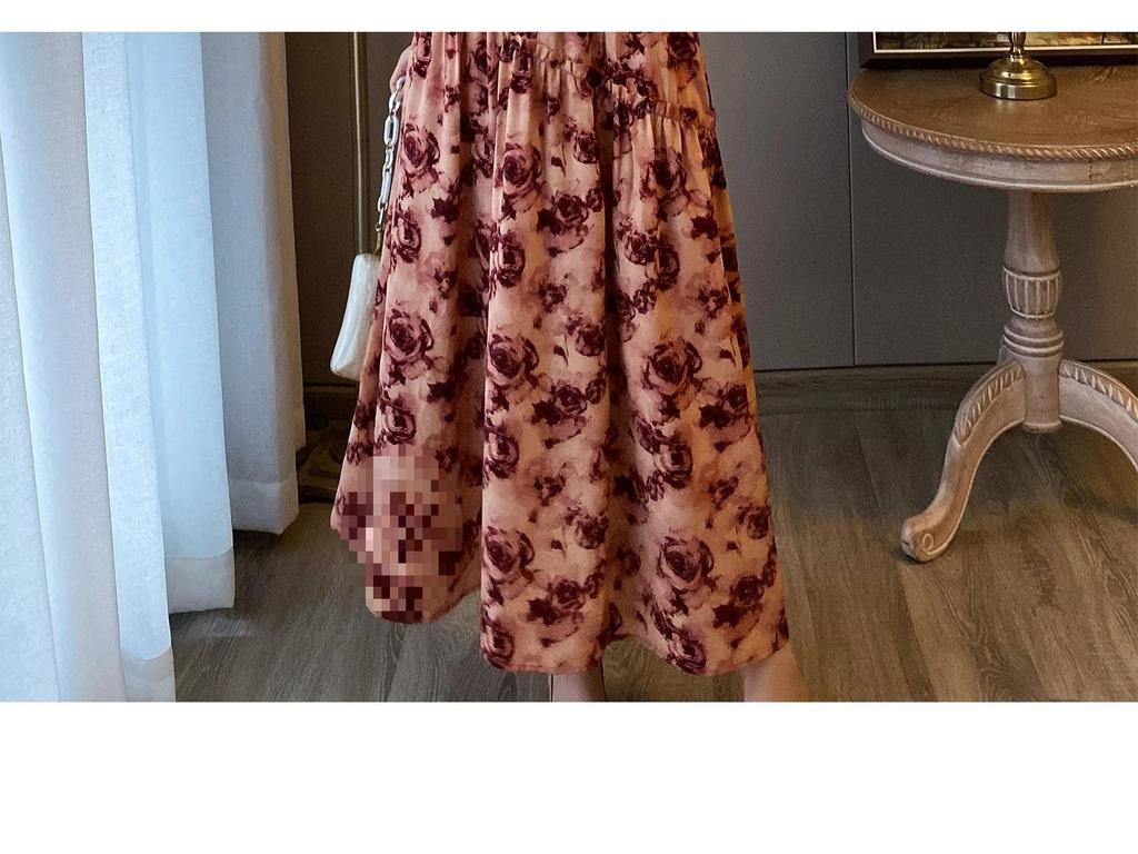 Women's Elegant French Floral Pleated Strappy Dress - Summer High Waist A-line Long Skirt