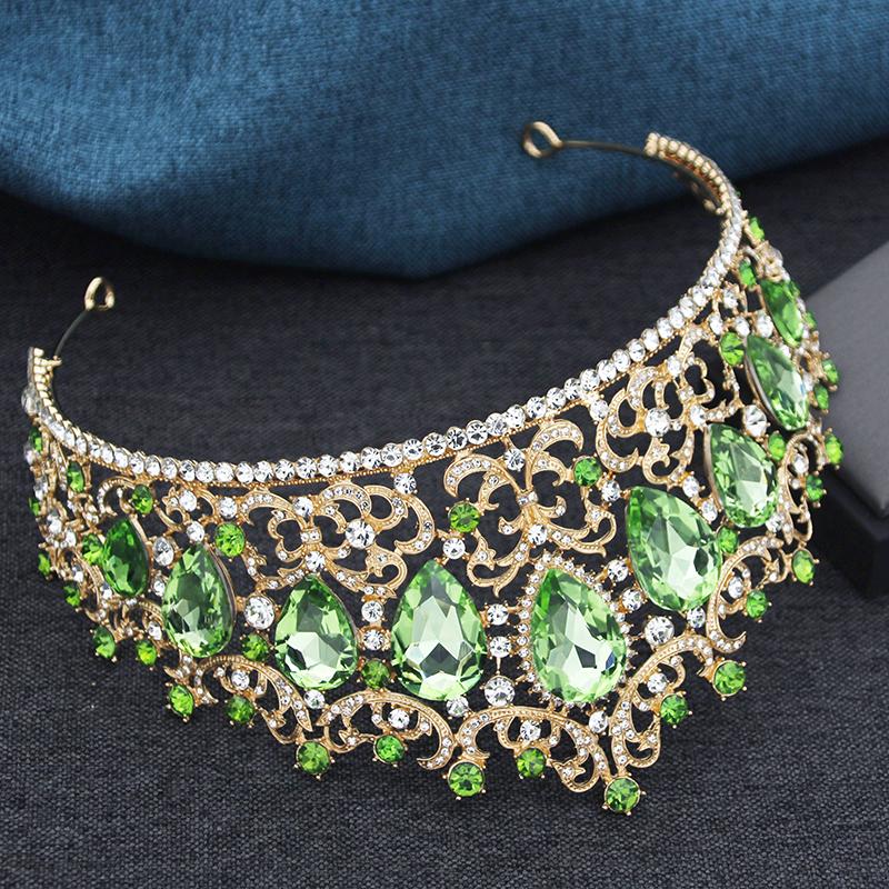 Baroque 9 Colors Green AB Crystal Big Tiaras for Women Girls Party Wedding Crown Bridal Elegant Hair Jewelry Pageant