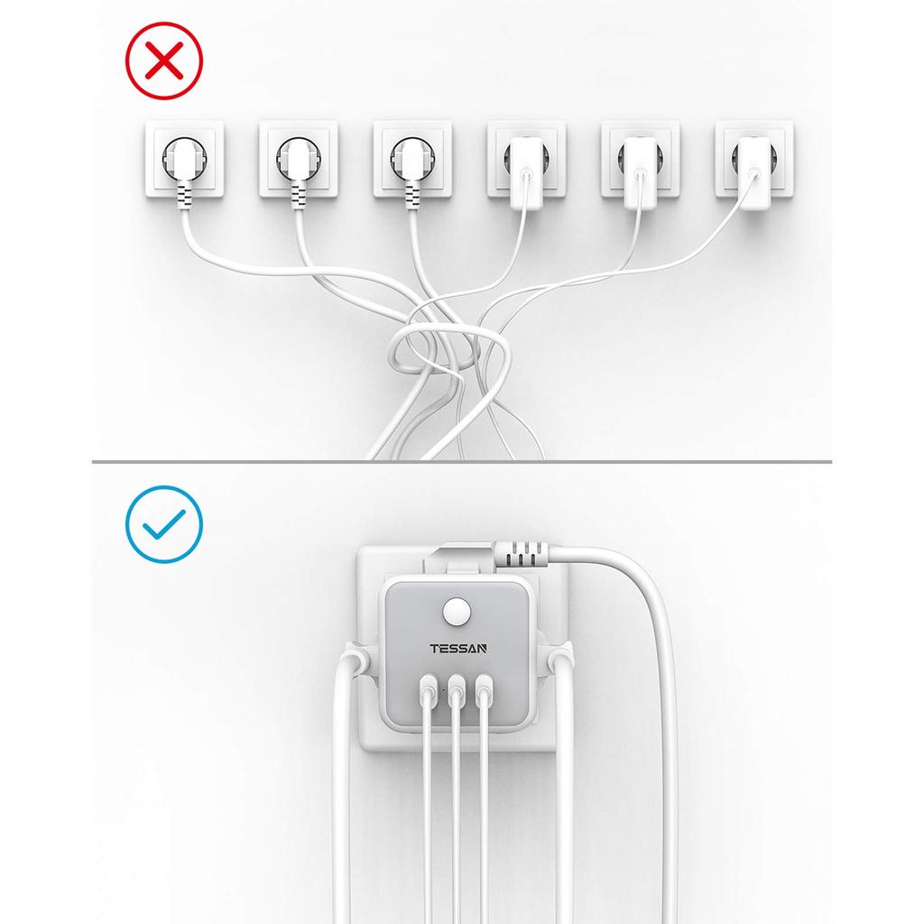 Tessan USB-разъем европейского стандарта с 1/3 розетками переменного тока, 2/3 USB-портами для зарядки и переключателем включения/выключения, дорожным адаптером для настенного зарядного устройства ЕС