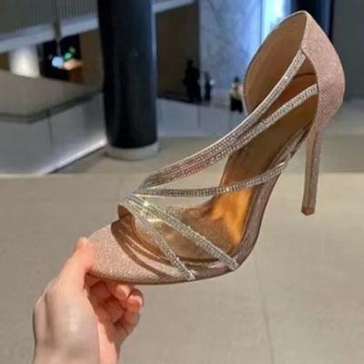 Мода Модные Сандалии Лето Новые Круглый Носок Блестящие Тонкий Ремешок Закрытая Пятка Противоскользящие Износостойкие Высокие Каблуки