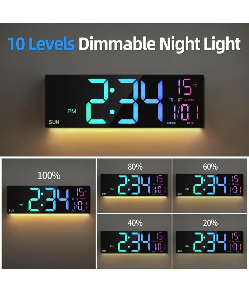 16.2'' Large Digital Wall Clock with Remote Control Big LED/Dual Alarm/8 RGB Colors Digital Alarm Clock Electronic Watch