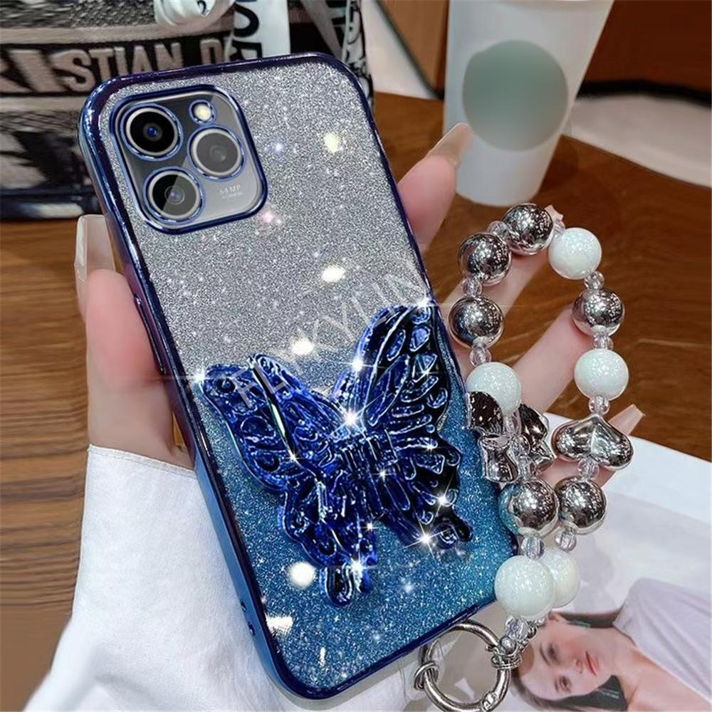 3D Butterfly Phone Holder Bracelet Glitter Plating Case For Samsung A16 A06 A55 A15 A25 A35 A05S A54 A24 A34 A14 A04 Stand Cover
