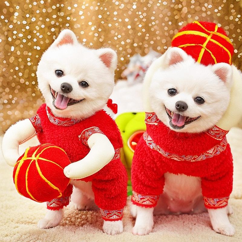 New Year's Lanterns Festive Pet Dog Dog Cat Autumn Winter Dog Clothes Cat Clothing Supplies Funny Velvet Corgi Dou