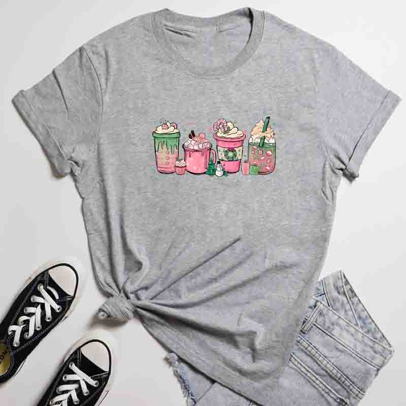 Y2k Pink Christmas Coffee Graphic Tee Funny Coffee Lover Xmas Gift Top Cute Unisex Winter Holiday Festive Drink TShirt