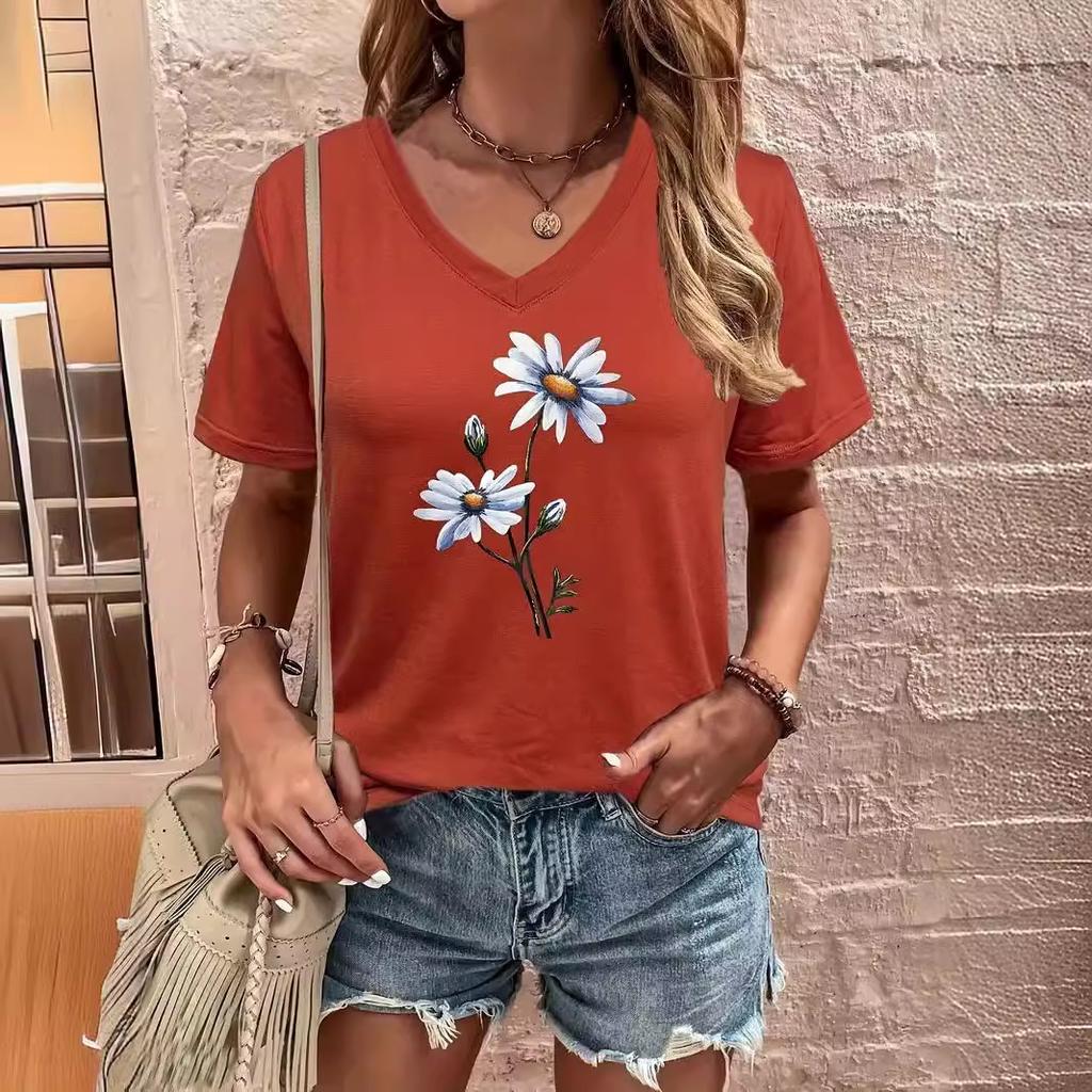 Summer V-neck 3D Flower Pattern Printed Top Fashionable Casual Short Sleeved Women's T-shirts