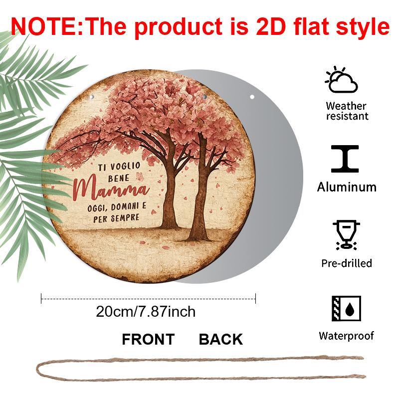 2D Flat, 1Pc Round Aluminum Hanging Sign - "Ti Voglio Bene Mamma" Italian Quote Metal Wall Art, Vintage Cherry Blossom Tree Design, Perfect for