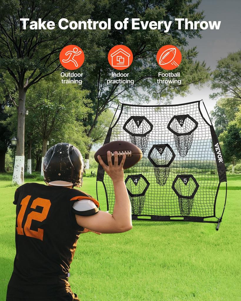 1828.8x1828.8mm Football Trainer Throwing Net, Training Throwing Target Practice Net with 5 Target Pockets, Knotless Net Includes Straps and Portable