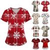 Women's Short Sleeve Christmas Printed V-Neck Pocket Uniform Top
