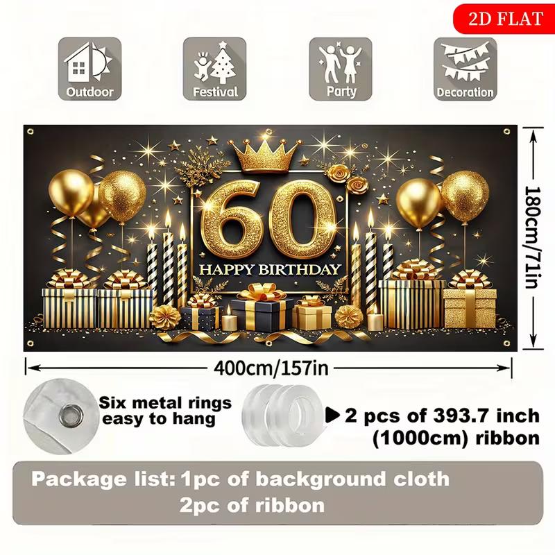 2D Flat Happy 60th Birthday Backdrop, Gold Gifts & Candles Party Background