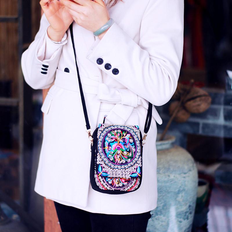 Yogodlns Популярная Юньнаньская сумка для мобильного телефона в этническом стиле, двухслойная холщовая сумка с клапаном, вышитая мини-сумка, нулевой кошелек