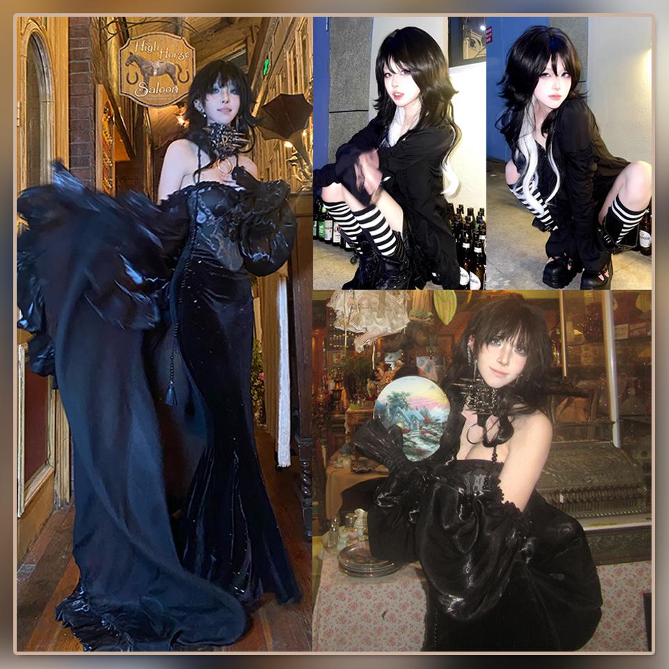 WTB Color Matching Long Curvy Hair Synthetic Paric Женский готический стиль Лолита Черно-белый Длинные вьющиеся волосы Парик для рождественской вечеринки