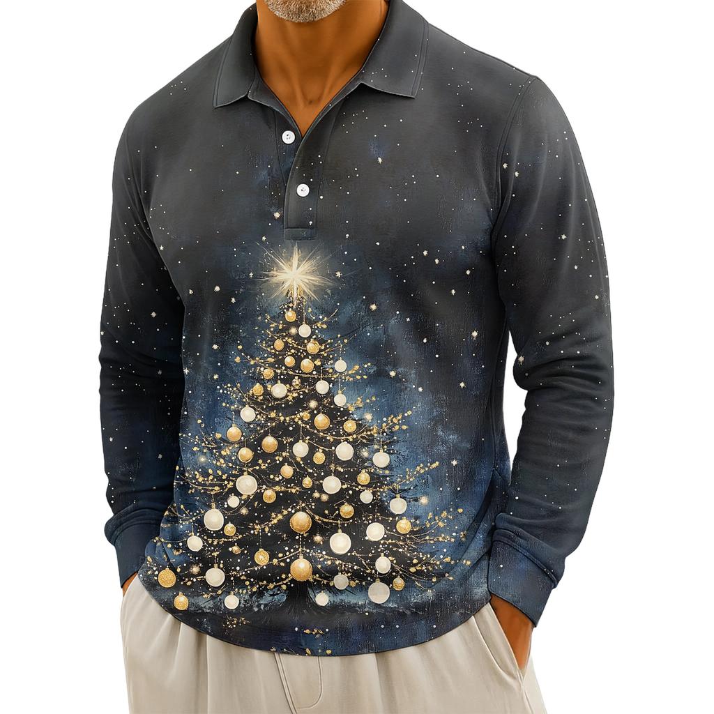 Men's Casual Christmas Print Button Long Sleeve Shirt