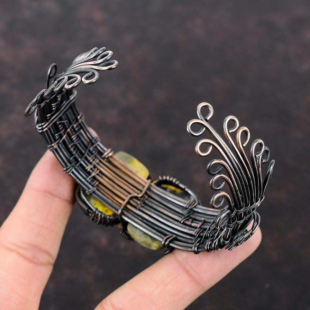 Браслет из яшмы с драгоценными камнями, браслет-манжета из медной проволоки, браслет ручной работы, регулируемый браслет, подарок на помолвку, антикварные медные украшения