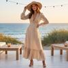 Women's V Neck Long Sleeve Polka Dot Maxi Dress with Ruffle Waist for Vacation