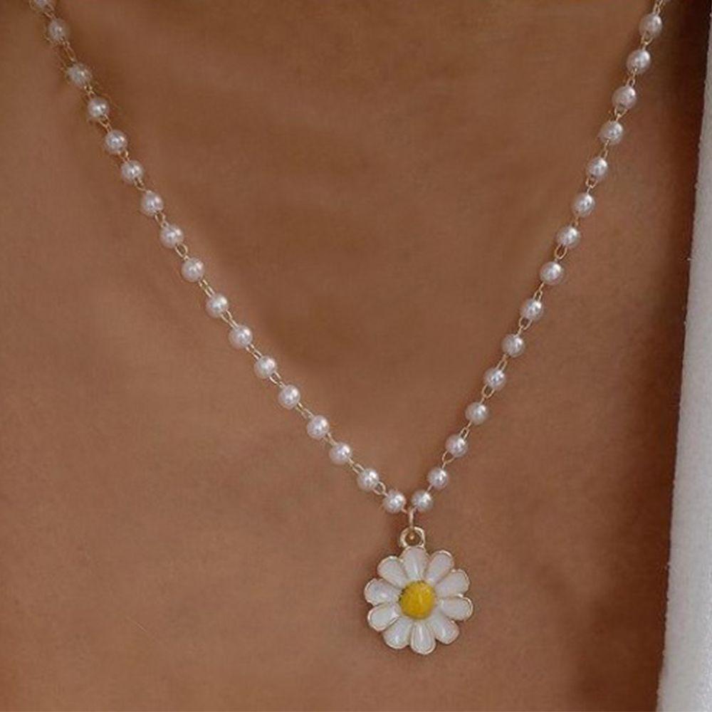 Cute Oil Flower Trendy Jewellery Pendant Choker Imitation Pearl Chain White Daisy Necklace