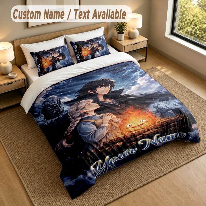 3Pcs Bedding Set Custom Name Text, 1 Sheet 2 Pillowcases Home Bed DecorHowl's Moving Castle