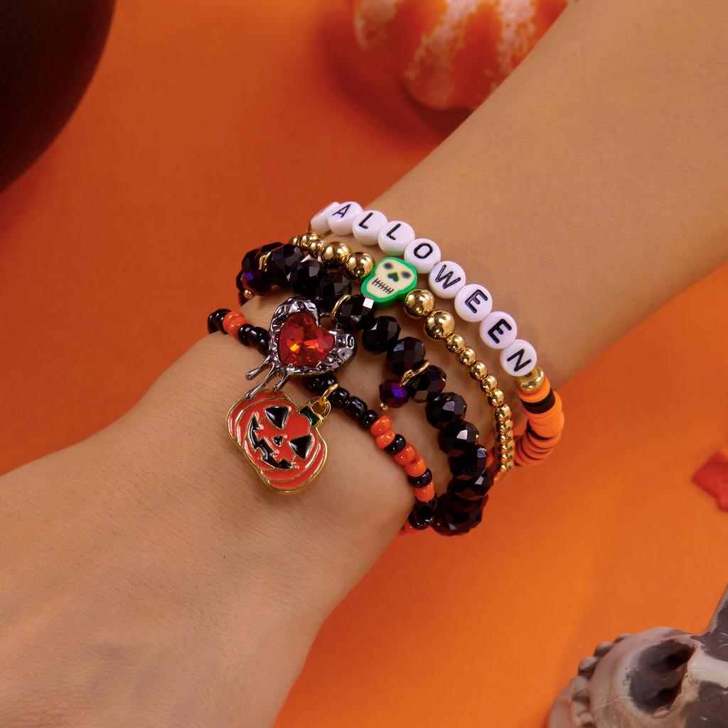 3Pcs Halloween Beaded Bracelet Set for Women Vintage Gothic Spider Ghost Pumpkin Skeleton Pendant Bangle Jewelry Gift