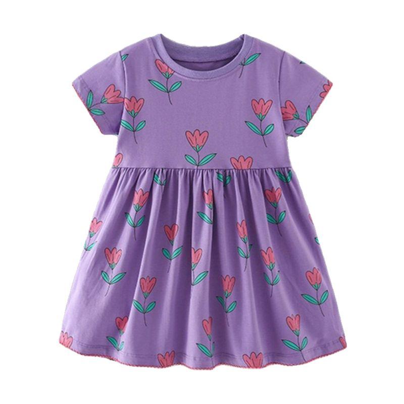 Girls' Purple Tulip Short-Sleeved Dress Baby Pure Cotton Princess Dress Kidsren's Summer Dress Knitted Skirt for Small and Medium-Sized Kidsren