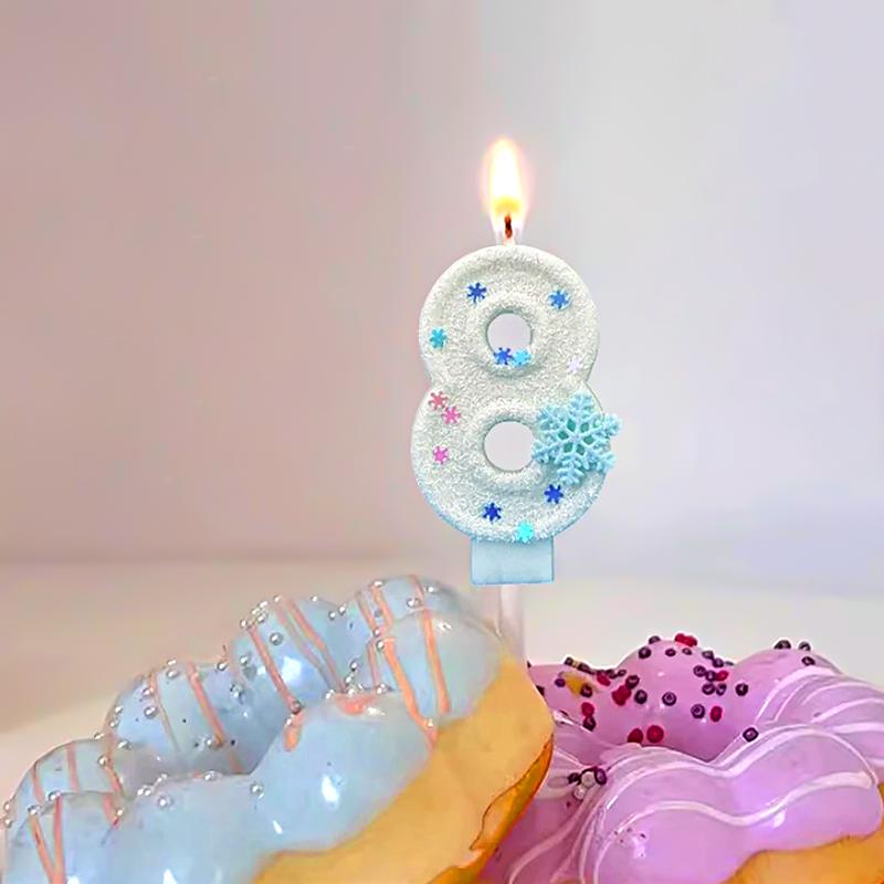 1 шт. Цифра 0-9 с блестками на день рождения, украшение для торта, белые цифровые свечи без Смога, свечи на день рождения, тема снежинки