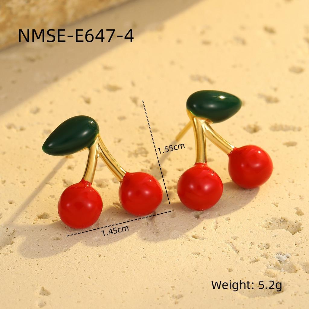 GEMCHIC Women's Cute Cherry Stud Earrings 2025 New Fashion Fruit Design Stainless Steel Red Green Leaf Jewelry