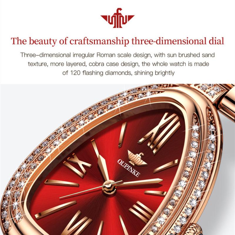 OUPINKE Новые женские часы для бизнеса и отдыха, бренд Tide, инкрустированный бриллиантами змеевидный циферблат, водонепроницаемые кварцевые часы высокого класса