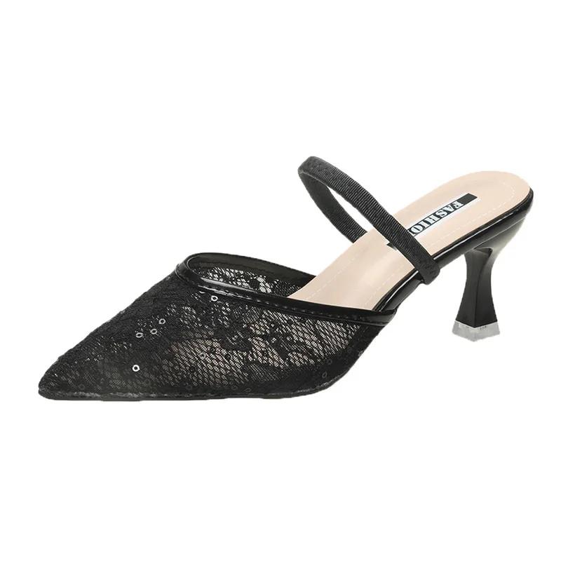 Элегантные цветочные босоножки на высоком каблуке для женщин больших размеров сетчатые дышащие с острым носком шлепанцы летние легкие туфли на тонком каблуке