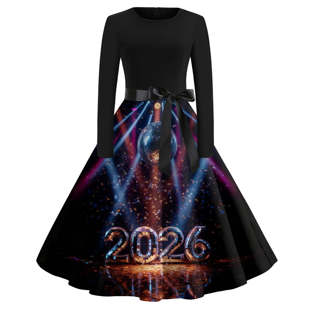 Женское повседневное модное платье с круглым вырезом и длинным рукавом с новогодним принтом в ретро-стиле