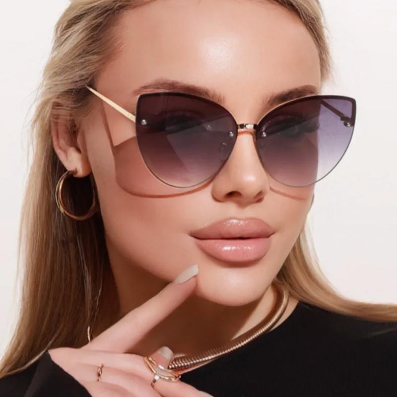 2pcs Frameless Large Cat Eye Sunglasses Gradient Lens Sun Glasses Trendy Metal Frame Eyeglasses Women Shades Men UV400