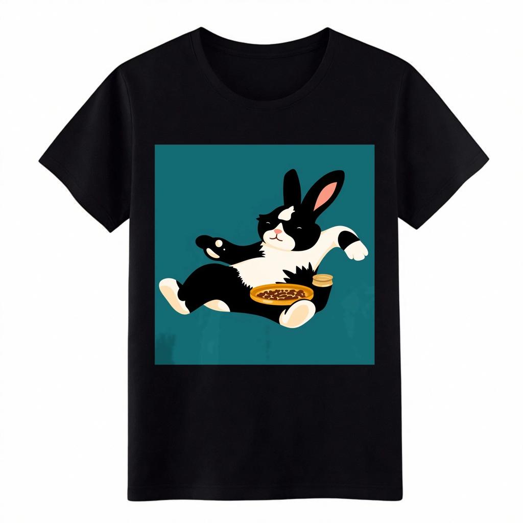 Funny Lazy Bunny Eating Pie Graphic T-Shirt Cute Rabbit Tee for Men Women