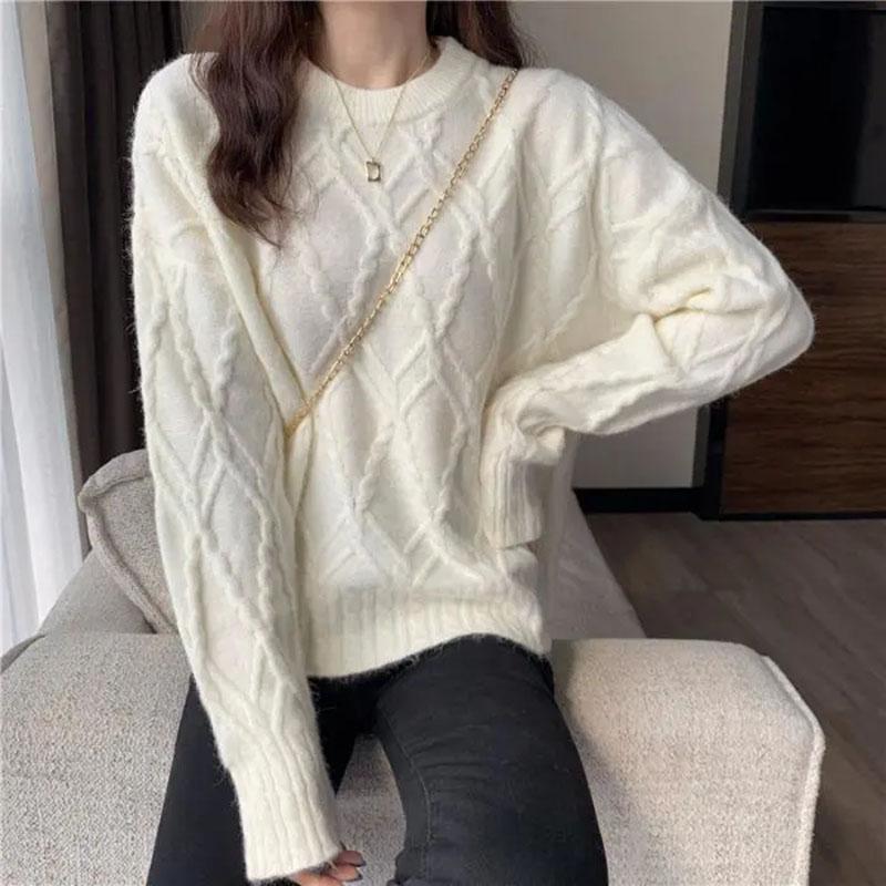 White Knitted Fried Dough Twist Women Sweater Loose Knit Pullover Simple Casual Commute Sweet Long Sleeve Top Bottoming Shirt