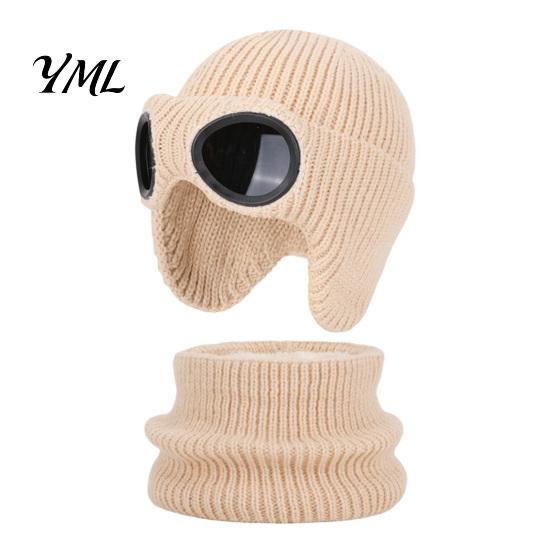 Boys Girls Thermal Winter Accessories 1 Set Knit Hat Neck Warmer for Kids, Earflap with Goggles, Playful Goggle Decor Kids Fleece Lined Aviator