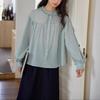 Зеленая женская рубашка с воротником-стойкой, изогнутым разрезом и длинными рукавами, с кружевной отделкой, в стиле грибного края, весенняя