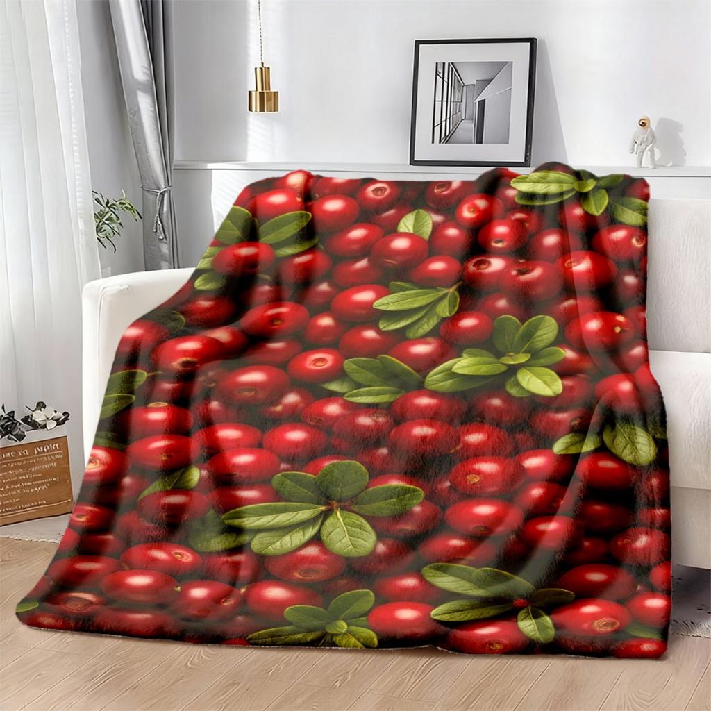 Cherry Plum Fruit Print Flannel Blanket Super Soft & Warm AllSeason Luxury Bedspread, Machine Washable Red & Black Contemporary Bedding for Sofa, Bed,