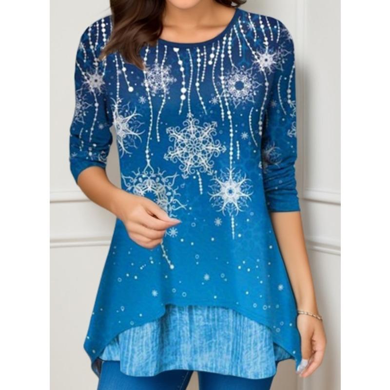 Женская мода повседневная весна осень рождественская принт длинный рукав блузки и рубашки с круглым вырезом