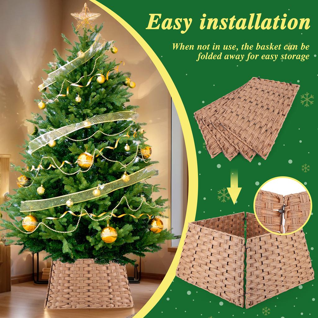 Christmas Tree Collar Foldable Xmas Tree Faux Rattan Cover Woven Rattan Tree Base Cover for Christmas Tree Ring Skirt Basket