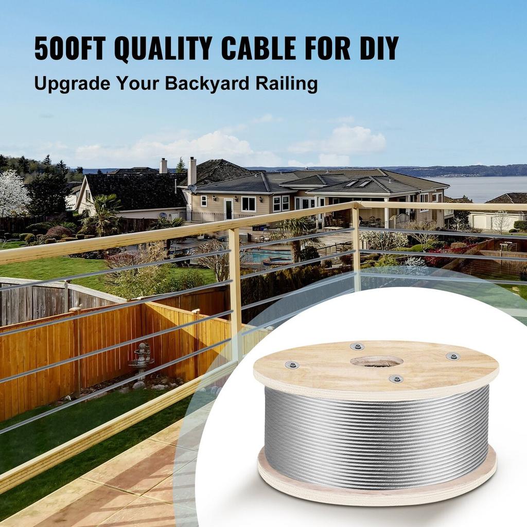 316 Stainless Steel Wire Rope 500ft Length, Steel Wire Cable 3/16 Inch, Steel Cable Railing Decking With 1x19 Strands Construction, 4700lbs Breaking