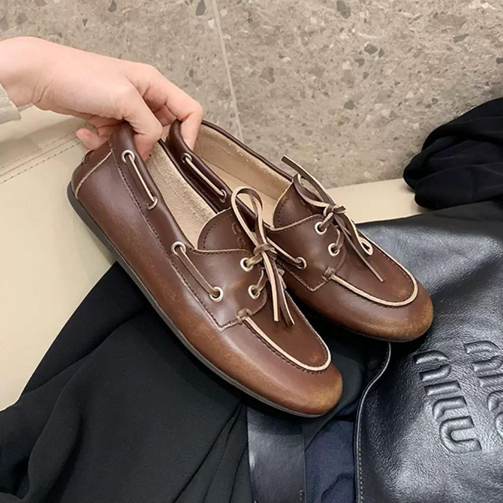 Sheepskin Retro British American Lace-up Leather Loafers Women's One-pedal Flat-soled Single Shoes Do Old Lazy Small Leather Shoes