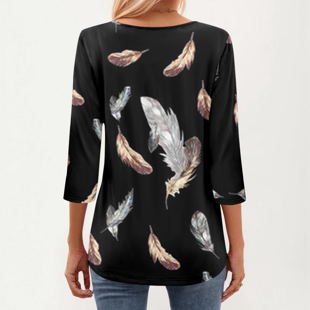 Женская модная повседневная плиссированная футболка с круглым вырезом и принтом для отдыха с рукавом семь четвертей