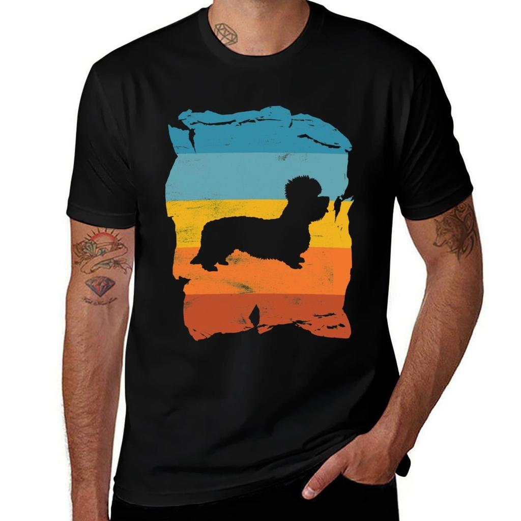 Dandie Dinmont Terrier Distressed Vintage Retro Silhouette TShirt Basic Crew Neck Short Sleeve Top
