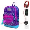 Детский школьный рюкзак USB с четырьмя отделениями, фиолетовый, синий, розовый, с сердечками, 23840