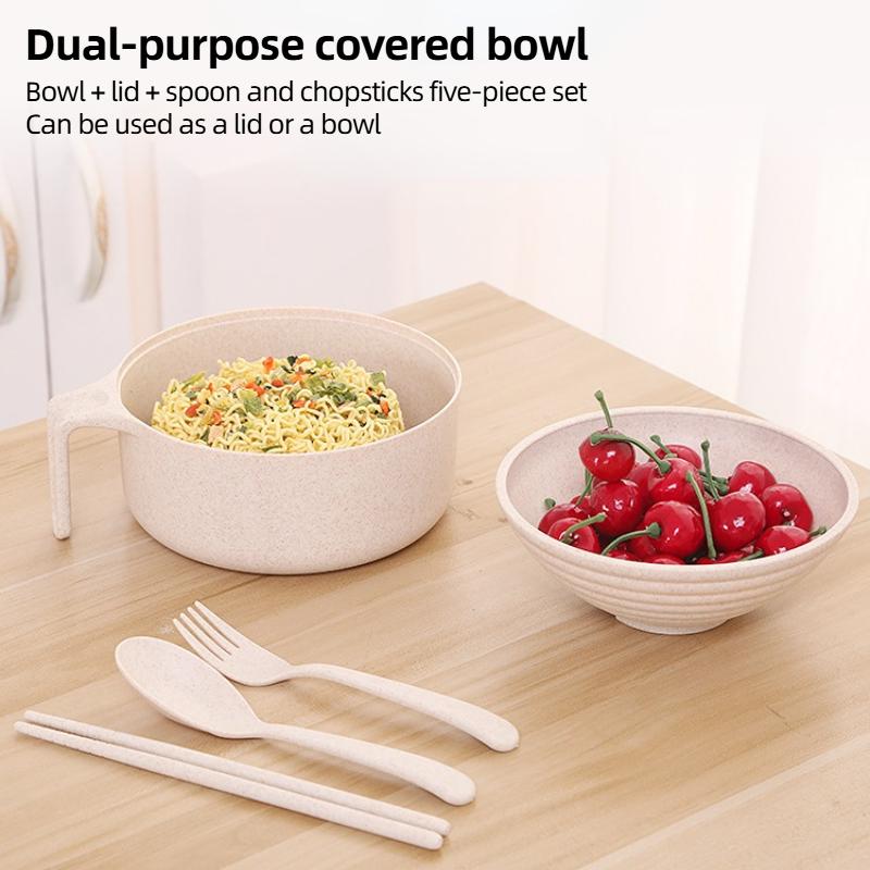 Wheat Straw Multifunctional with Lid Bowl Spoon Fork Chopsticks Eating Dinnerware Set Anti-hot Bowl Microwavable Bowl