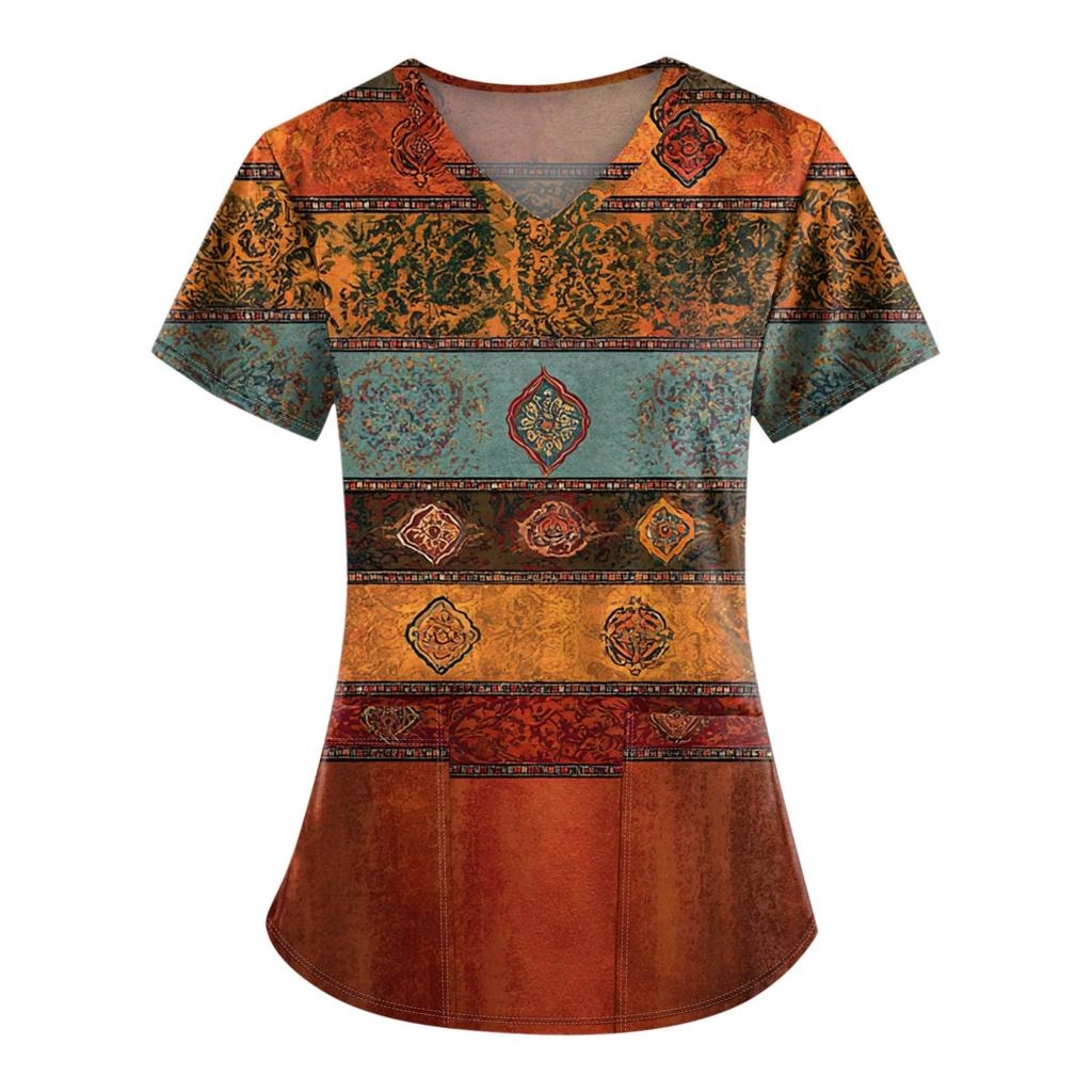 Plus Size Printed Scrub Working Uniform Tops For Women's V-Neck Print Short Sleeve Fun T-Shirts Workwear Tee With Pockets