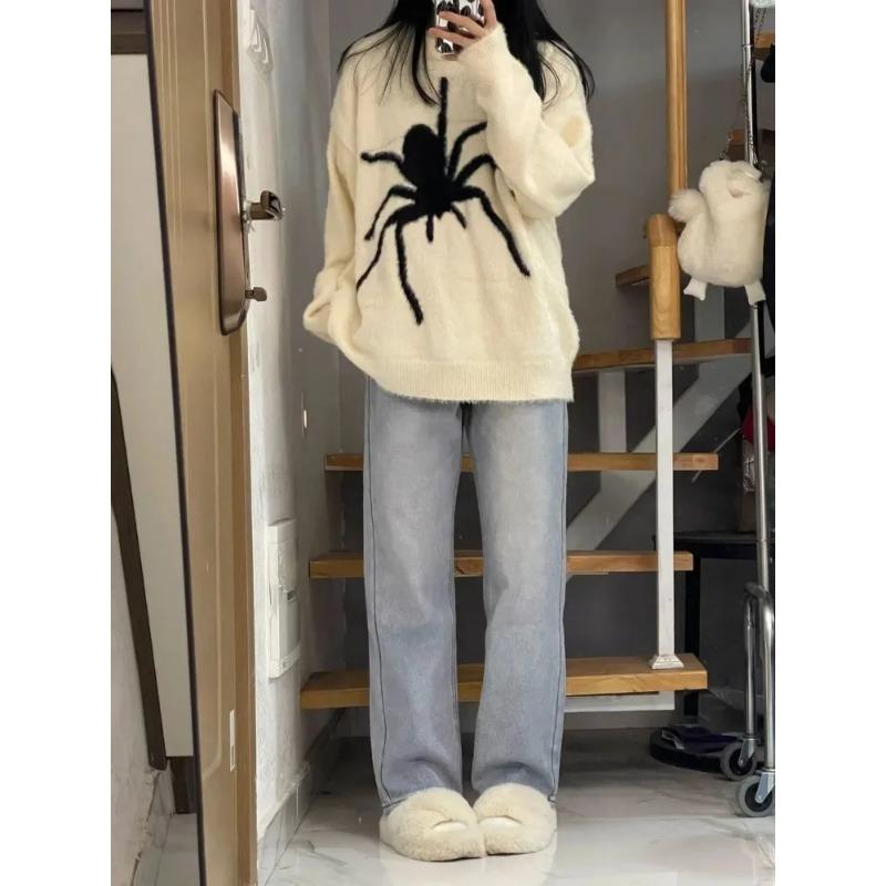 Harajuku Y2k Свитер с принтом Sprider, корейская модная уличная одежда, вязаные джемперы в стиле хип-хоп, ретро, ​​пушистый пуловер в стиле панк, трикотажная одежда