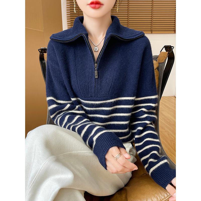 Women's Half-Zip Color Block Striped Knit Sweater - Korean Style Casual Loose Outerwear for Autumn/Winter.