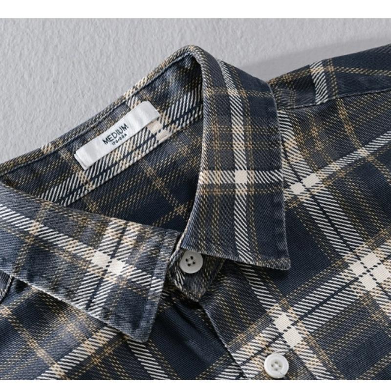 Рубашка в клетку с длинным рукавом в японском стиле для мужчин, весна-осень, повседневная мужская рубашка с карманом и отложным воротником, 100% хлопок, на пуговицах