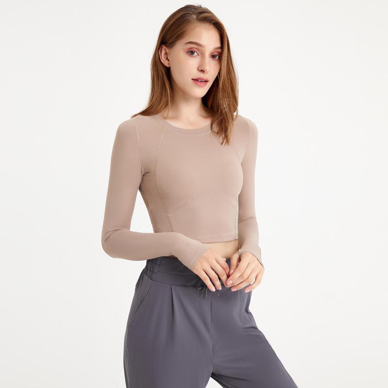 Осенний женский укороченный топ для йоги из какао-сетки с длинными рукавами