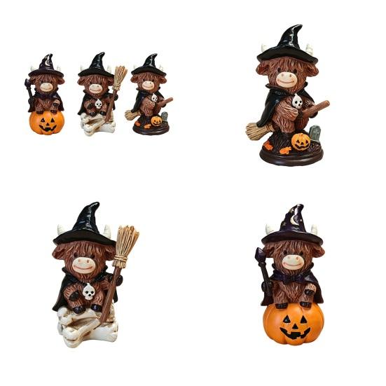 Фигурка Шотландской коровы, Статуэтка коровы-ведьмы, тыквы, черепа на Хэллоуин, Смоляное шотландское украшение для любителей телят, Полка, Многоуровневая подставка, Каминная полка, Настольный декор
