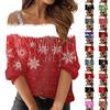 Women's Fashion Long Sleeve Strapless One Shoulder Christmas Printed Party Plush Neck Top