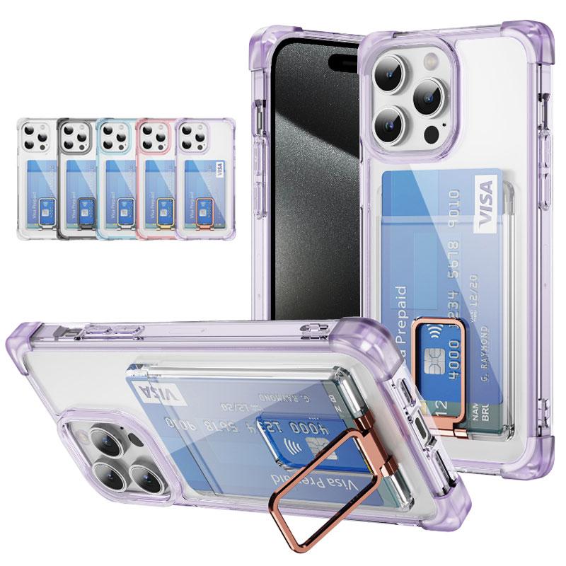 Shockproof Acrylic Card Slot Holder Clear Phone Case for iPhone 15 14 13 12 11 Pro Max 15Plus 14Plus Metal Kicstand Bumper Cover
