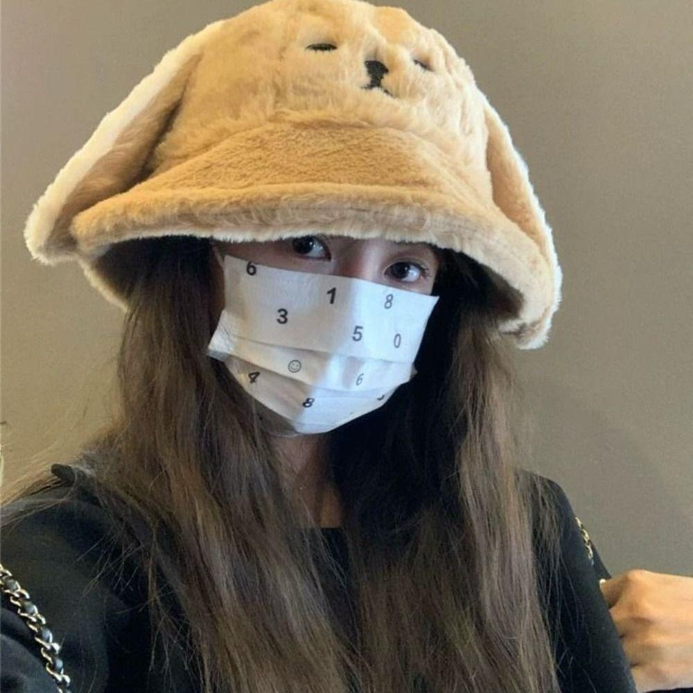 Korean Doggie Ear Bucket Hat Warm Women Plush Hats Cute Oversized Puppy Hat  Girls